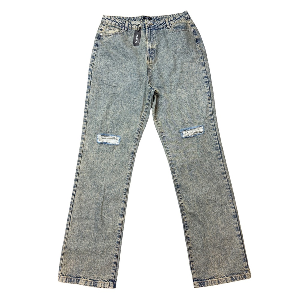 Boohoo Straight Leg Jeans Women 12 Light Sand NWT Tall Ripped High Waisted Denim